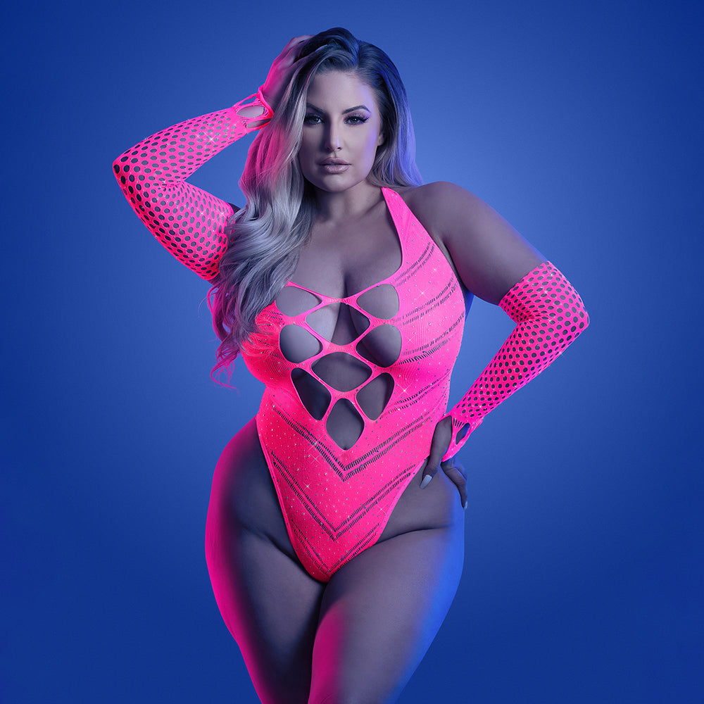 FANTASY LINGERIE - GLOW FLASHBACK UV RHINESTONE FISHNET TEDDY & MATCHING GLOVES QUEEN SIZE
