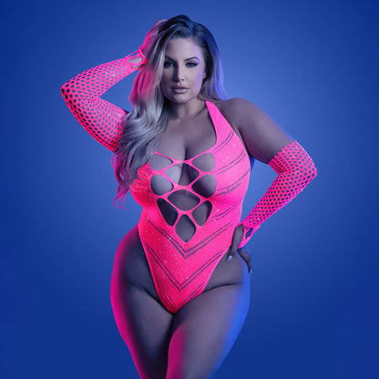 FANTASY LINGERIE - GLOW FLASHBACK UV RHINESTONE FISHNET TEDDY & MATCHING GLOVES QUEEN SIZE