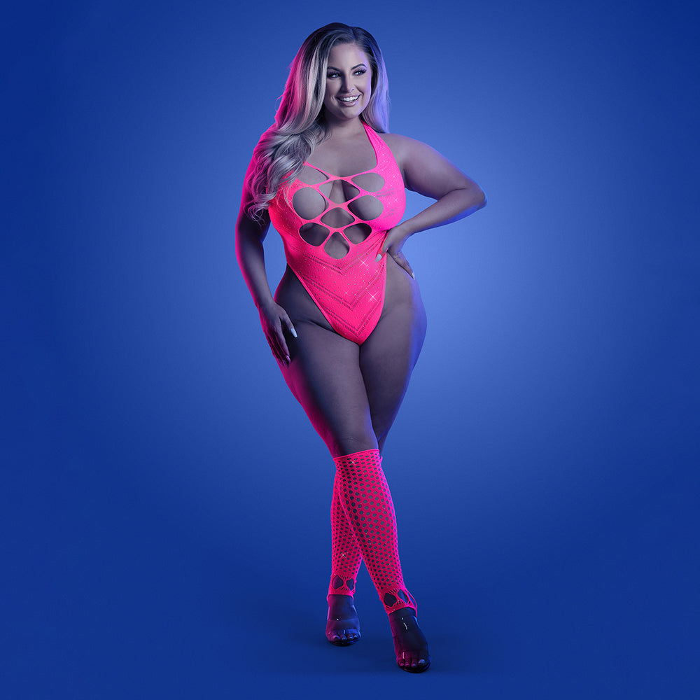 FANTASY LINGERIE - GLOW FLASHBACK UV RHINESTONE FISHNET TEDDY & MATCHING GLOVES QUEEN SIZE