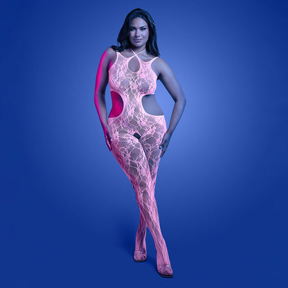 FANTASY LINGERIE - GLOW EQUILIBRIUM GLOW-IN-THE-DARK CROTCHLESS BODYSTOCKING QUEEN SIZE