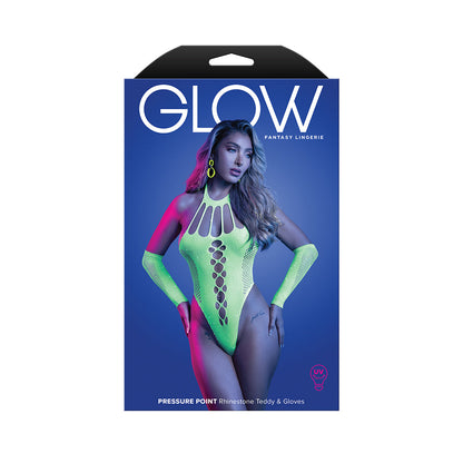 FANTASY LINGERIE - GLOW PRESSURE POINT UV RHINESTONE KNIT TEDDY & MATCHING GLOVES O/S