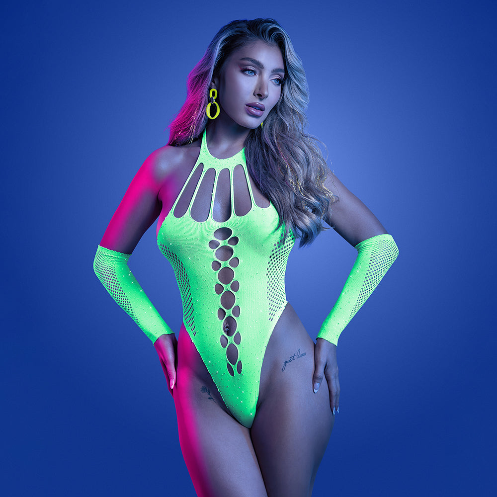 FANTASY LINGERIE - GLOW PRESSURE POINT UV RHINESTONE KNIT TEDDY & MATCHING GLOVES O/S
