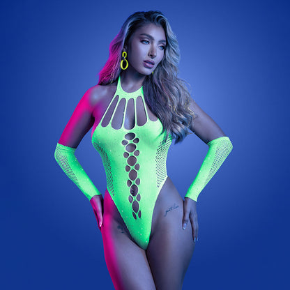 FANTASY LINGERIE - GLOW PRESSURE POINT UV RHINESTONE KNIT TEDDY & MATCHING GLOVES O/S