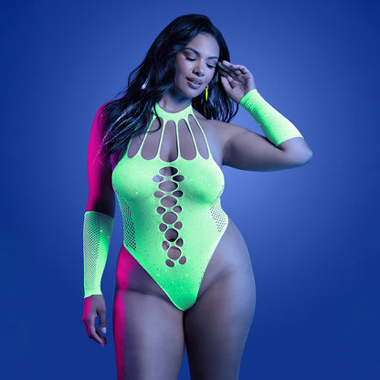 FANTASY LINGERIE - GLOW PRESSURE POINT UV RHINESTONE KNIT TEDDY & MATCHING GLOVES QUEEN SIZE