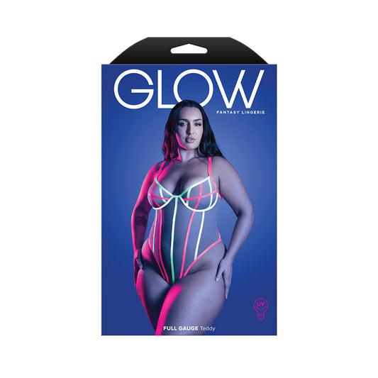 FANTASY LINGERIE - GLOW FULL GAUGE TEDDY WITH UV ELASTIC BINDING DETAIL QUEEN SIZE