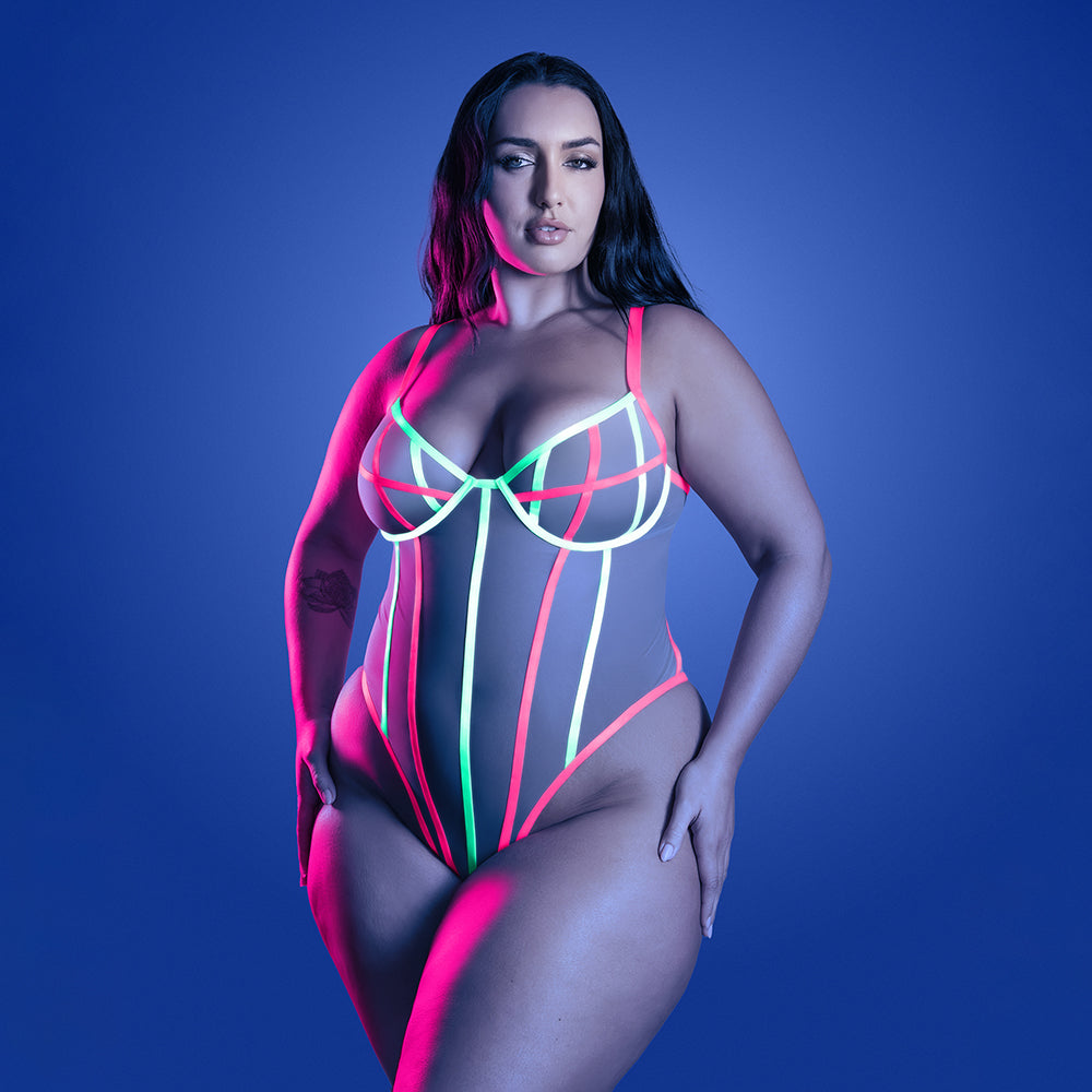 FANTASY LINGERIE - GLOW FULL GAUGE TEDDY WITH UV ELASTIC BINDING DETAIL QUEEN SIZE