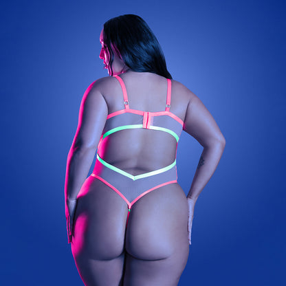 FANTASY LINGERIE - GLOW FULL GAUGE TEDDY WITH UV ELASTIC BINDING DETAIL QUEEN SIZE