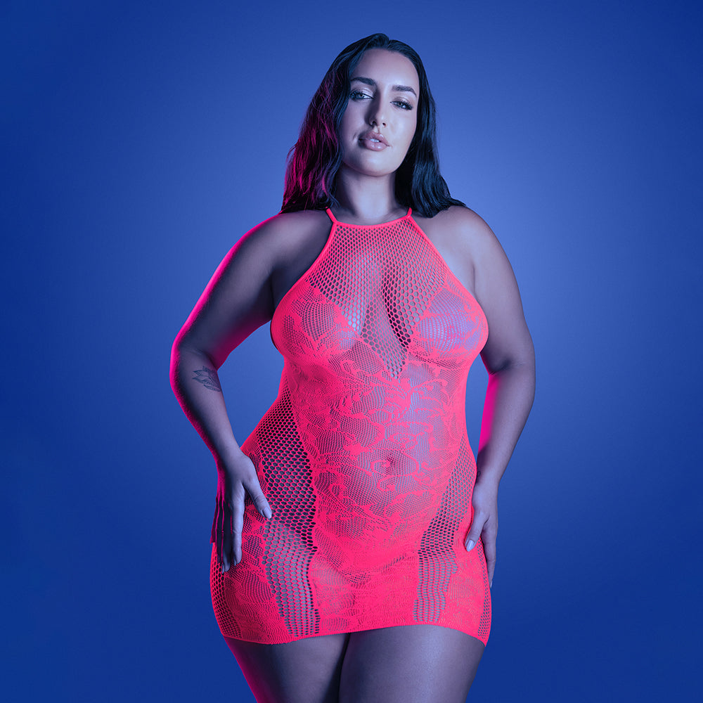 FANTASY LINGERIE - GLOW BACK IT UP HALTER DRESS IN FLORAL KNIT AND FISHNET QUEEN SIZE