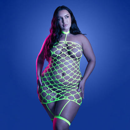 FANTASY LINGERIE - GLOW WARNING SIGN GARTERED DRESS RHINESTONE FENCE NET QUEEN SIZE