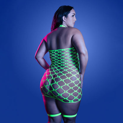 FANTASY LINGERIE - GLOW WARNING SIGN GARTERED DRESS RHINESTONE FENCE NET QUEEN SIZE