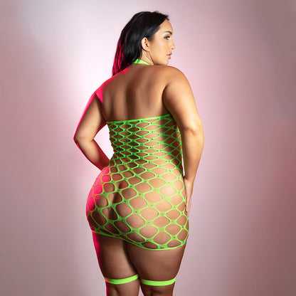 FANTASY LINGERIE - GLOW WARNING SIGN GARTERED DRESS RHINESTONE FENCE NET QUEEN SIZE