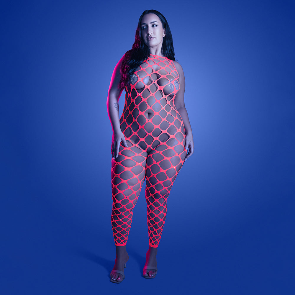 FANTASY LINGERIE - GLOW WANT IT ALL REVERSIBLE BODYSTOCKING & RHINESTONE PASTIES QUEEN SIZE