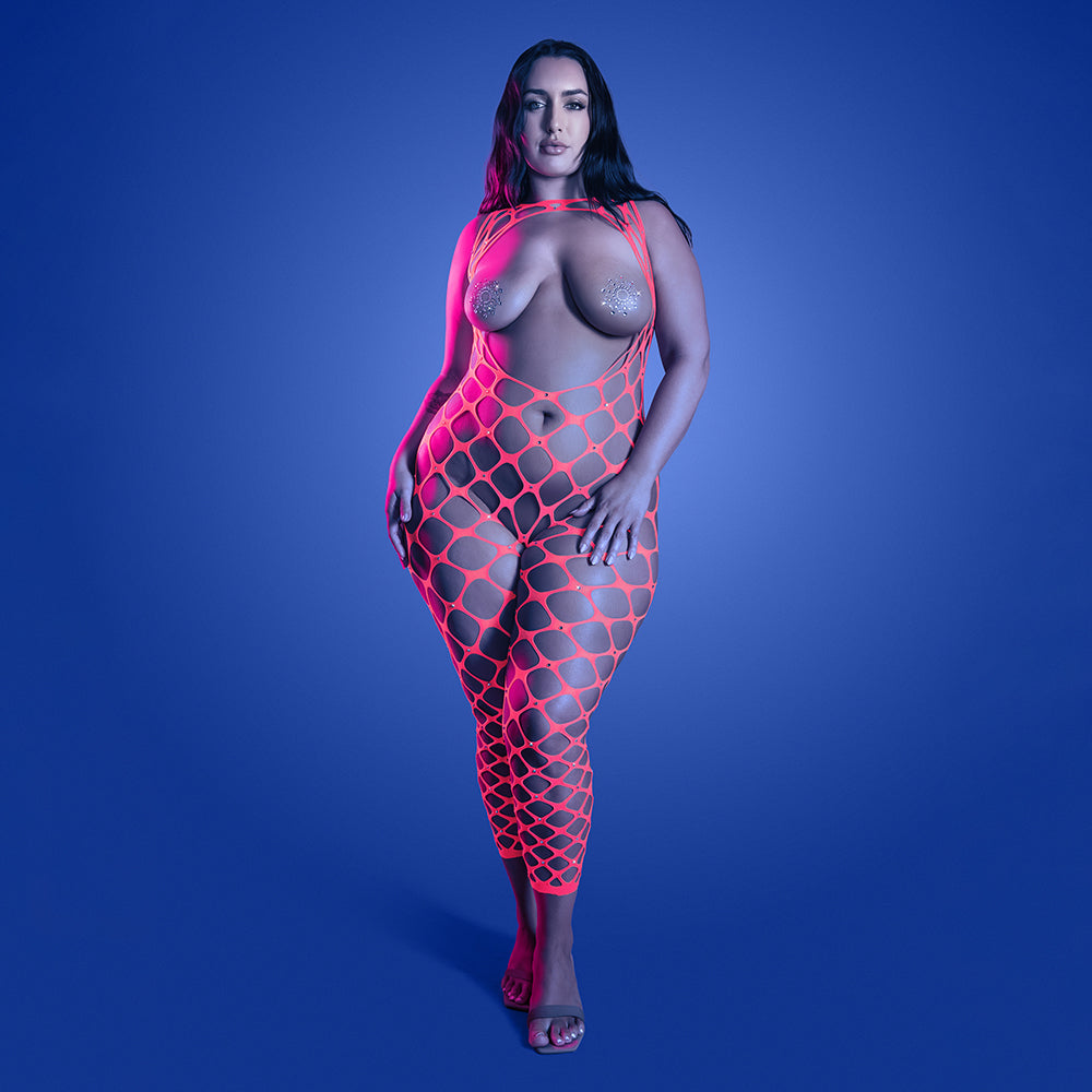 FANTASY LINGERIE - GLOW WANT IT ALL REVERSIBLE BODYSTOCKING & RHINESTONE PASTIES QUEEN SIZE