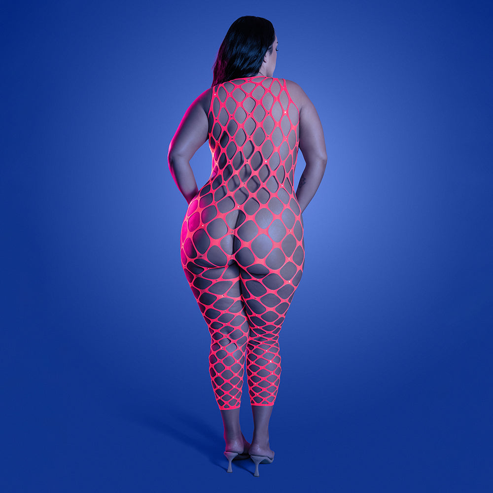 FANTASY LINGERIE - GLOW WANT IT ALL REVERSIBLE BODYSTOCKING & RHINESTONE PASTIES QUEEN SIZE