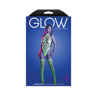 FANTASY LINGERIE - GLOW ADRENALINE HALTER TEDDY & STOCKINGS IN RHINESTONE FISHNET O/S