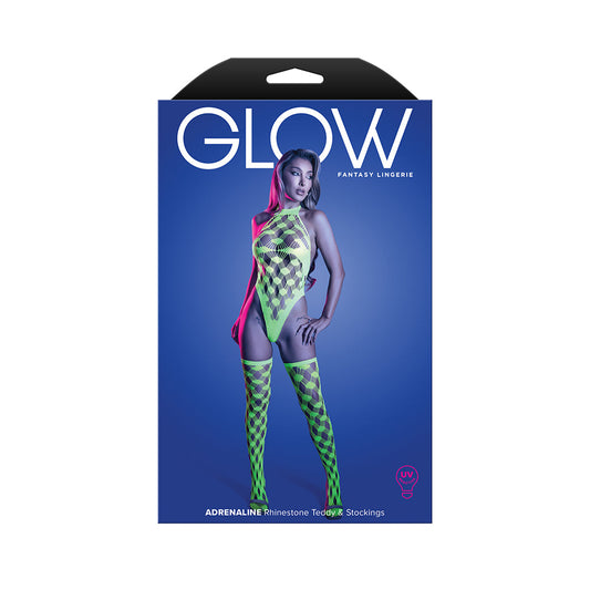 FANTASY LINGERIE - GLOW ADRENALINE HALTER TEDDY & STOCKINGS IN RHINESTONE FISHNET O/S
