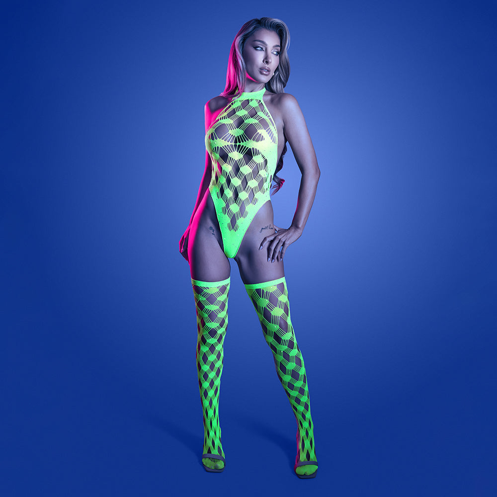 FANTASY LINGERIE - GLOW ADRENALINE HALTER TEDDY & STOCKINGS IN RHINESTONE FISHNET O/S