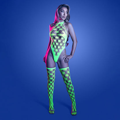 FANTASY LINGERIE - GLOW ADRENALINE HALTER TEDDY & STOCKINGS IN RHINESTONE FISHNET O/S