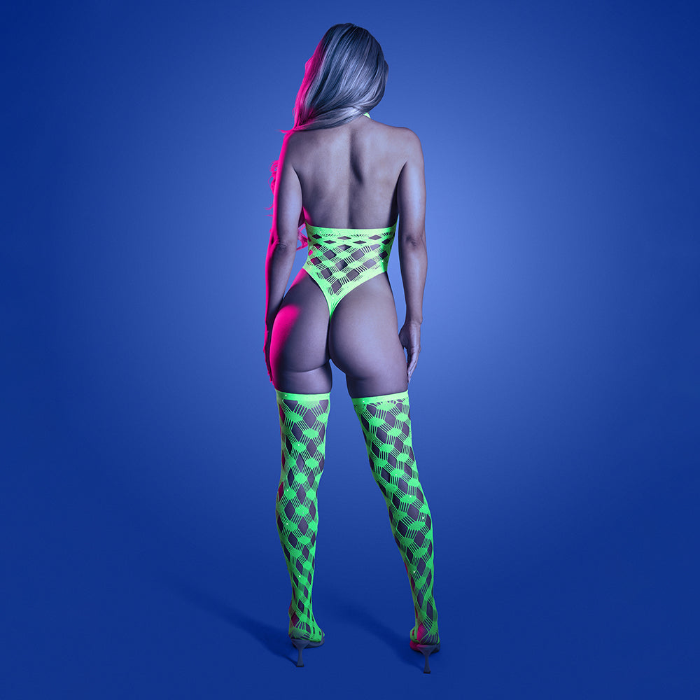 FANTASY LINGERIE - GLOW ADRENALINE HALTER TEDDY & STOCKINGS IN RHINESTONE FISHNET O/S