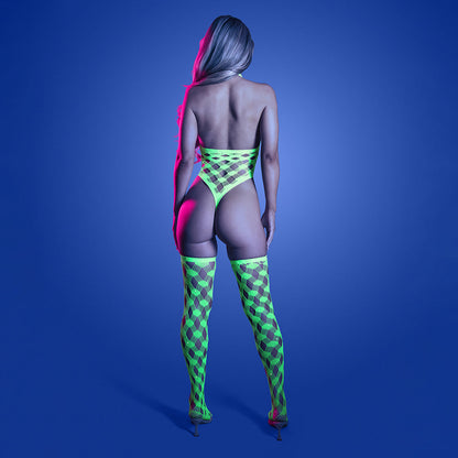 FANTASY LINGERIE - GLOW ADRENALINE HALTER TEDDY & STOCKINGS IN RHINESTONE FISHNET O/S