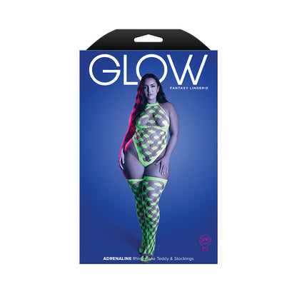 FANTASY LINGERIE - GLOW ADRENALINE HALTER TEDDY & STOCKINGS IN RHINESTONE FISHNET QUEEN SIZE
