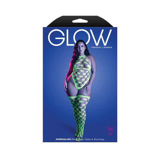 FANTASY LINGERIE - GLOW ADRENALINE HALTER TEDDY & STOCKINGS IN RHINESTONE FISHNET QUEEN SIZE