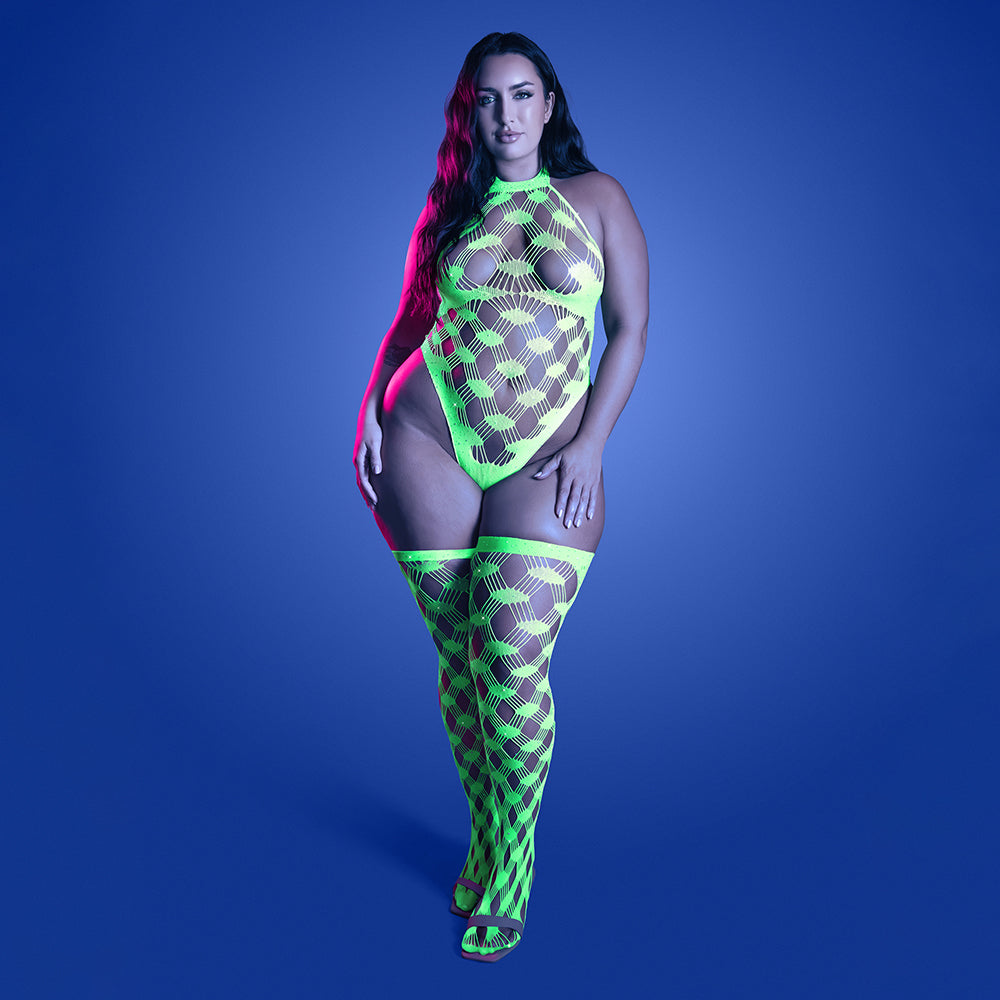 FANTASY LINGERIE - GLOW ADRENALINE HALTER TEDDY & STOCKINGS IN RHINESTONE FISHNET QUEEN SIZE
