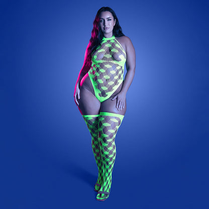 FANTASY LINGERIE - GLOW ADRENALINE HALTER TEDDY & STOCKINGS IN RHINESTONE FISHNET QUEEN SIZE