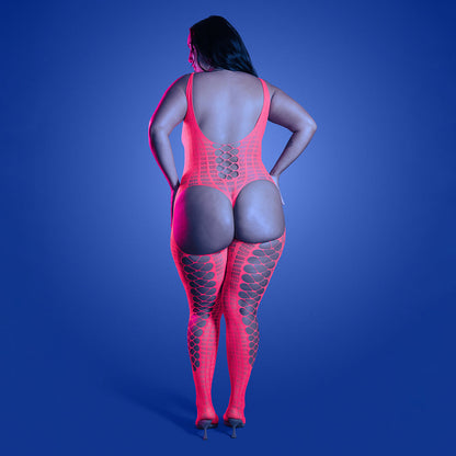 FANTASY LINGERIE - GLOW TURN UP BODYSTOCKING WITH BACK CUT-OUT DETAIL QUEEN SIZE