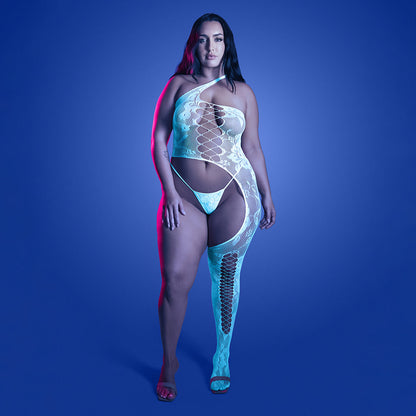 FANTASY LINGERIE - GLOW LIGHTS GET LOW FLORAL KNIT ASYMMETRICAL BODYSTOCKING & PANTY QUEEN SIZE