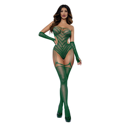 DREAMGIRL - CHEVRON GARTERED TEDDY WITH GLOVES EMERALD O/S