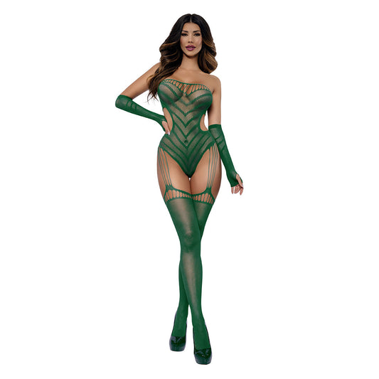 DREAMGIRL - CHEVRON GARTERED TEDDY WITH GLOVES EMERALD O/S
