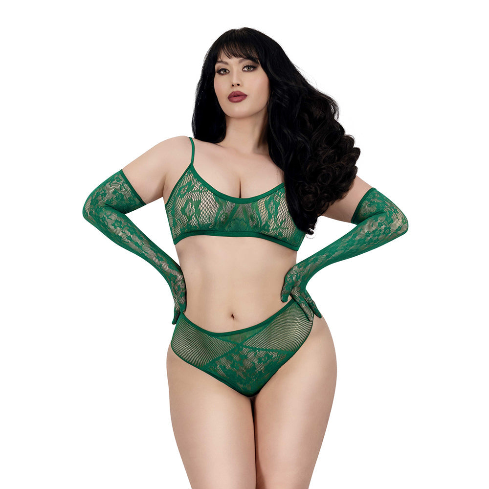 DREAMGIRL - LACE SEAMLESS 3-PIECE SET EMERALD QUEEN SIZE