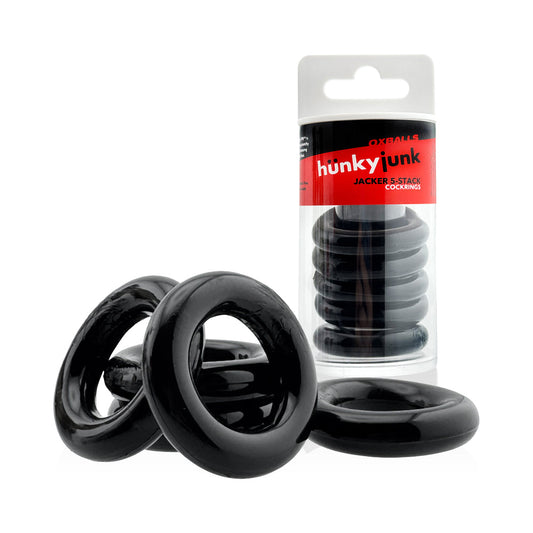 OXBALLS - HUNKYJUNK JACKER 5-STACK FIVE-PACK TUBE SUPER-STRONG COCKRINGS BLACK