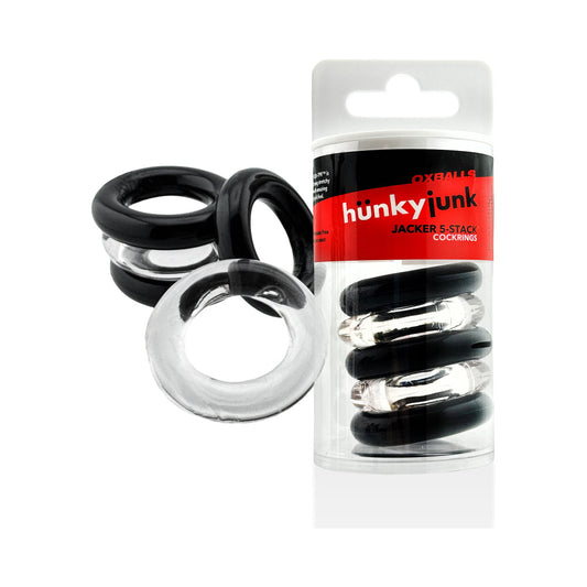 OXBALLS - HUNKYJUNK JACKER 5-STACK FIVE-PACK TUBE SUPER-STRONG COCKRINGS CLEAR/BLACK
