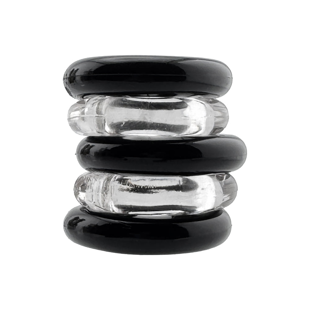 OXBALLS - HUNKYJUNK JACKER 5-STACK FIVE-PACK TUBE SUPER-STRONG COCKRINGS CLEAR/BLACK