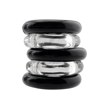 OXBALLS - HUNKYJUNK JACKER 5-STACK FIVE-PACK TUBE SUPER-STRONG COCKRINGS CLEAR/BLACK