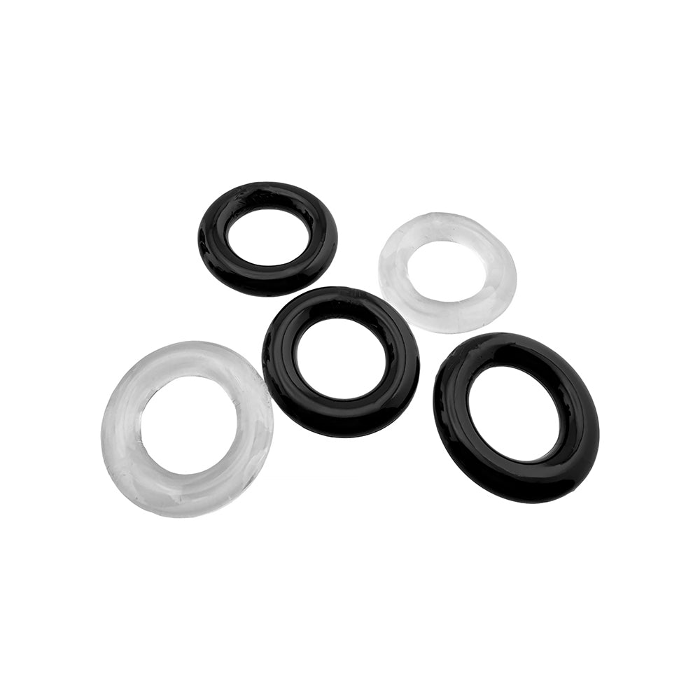 OXBALLS - HUNKYJUNK JACKER 5-STACK FIVE-PACK TUBE SUPER-STRONG COCKRINGS CLEAR/BLACK