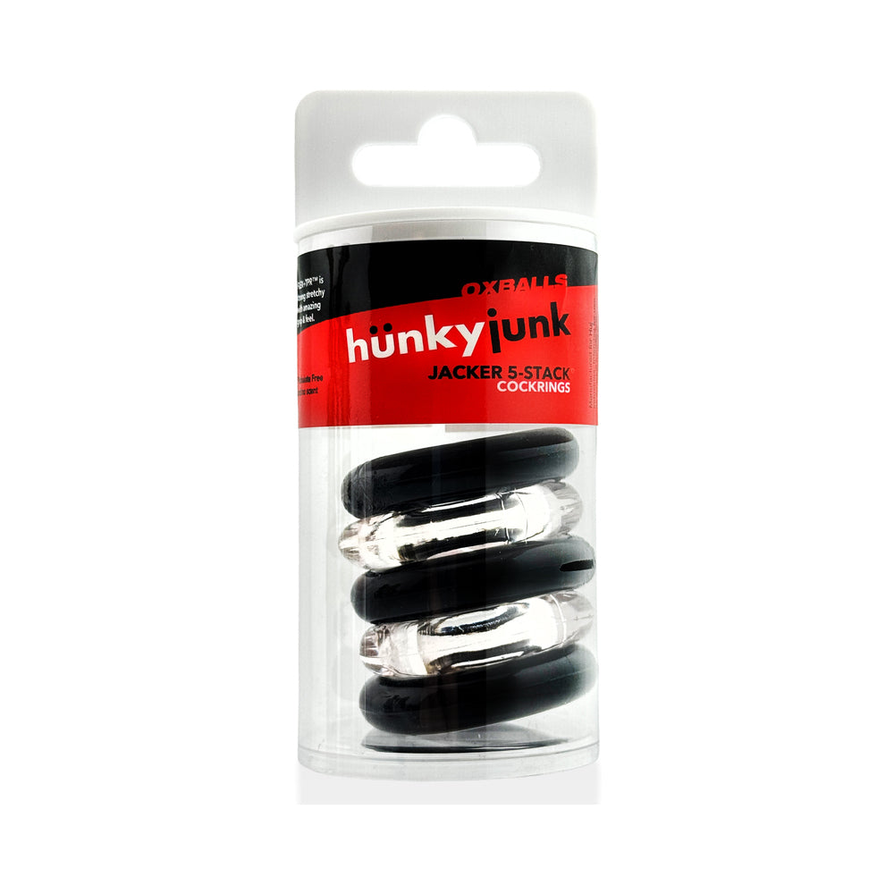OXBALLS - HUNKYJUNK JACKER 5-STACK FIVE-PACK TUBE SUPER-STRONG COCKRINGS CLEAR/BLACK