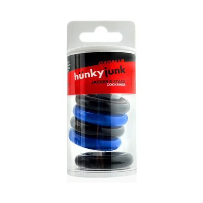 OXBALLS - HUNKYJUNK JACKER 5-STACK FIVE-PACK TUBE SUPER-STRONG COCKRINGS BLUE/BLACK