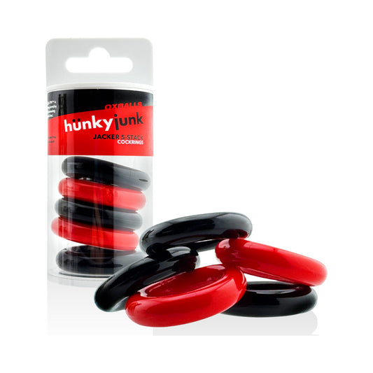 OXBALLS - HUNKYJUNK JACKER 5-STACK FIVE-PACK TUBE SUPER-STRONG COCKRINGS RED/BLACK