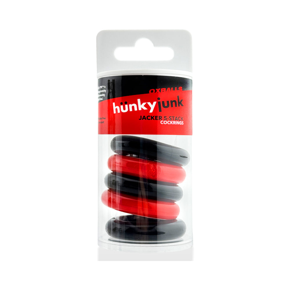 OXBALLS - HUNKYJUNK JACKER 5-STACK FIVE-PACK TUBE SUPER-STRONG COCKRINGS RED/BLACK