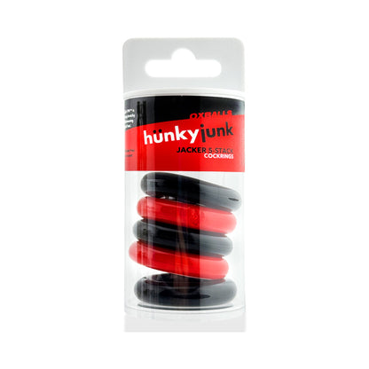 OXBALLS - HUNKYJUNK JACKER 5-STACK FIVE-PACK TUBE SUPER-STRONG COCKRINGS RED/BLACK