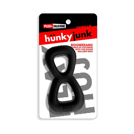OXBALLS - HUNKYJUNK BOOMERANG DOUBLE-RING COCKRING & NUT-TUGGER BLACK FOG