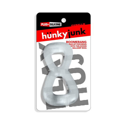 OXBALLS - HUNKYJUNK BOOMERANG DOUBLE-RING COCKRING & NUT-TUGGER CLEAR STEAM