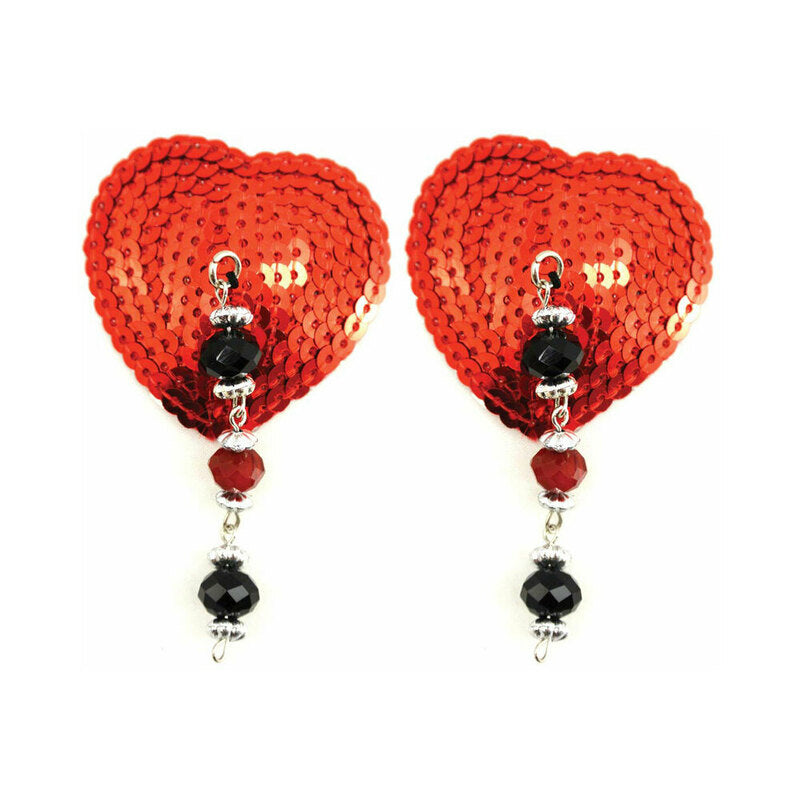 BIJOUX DE NIP RED SEQUIN HEART PASTIES WITH FACETED BEADS