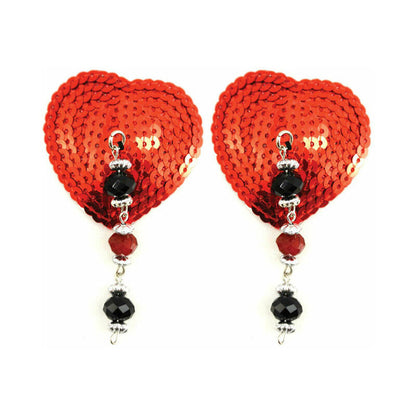 BIJOUX DE NIP RED SEQUIN HEART PASTIES WITH FACETED BEADS
