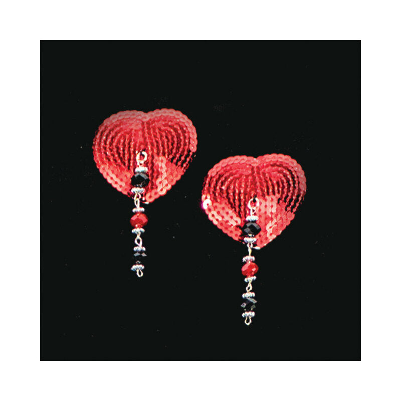 BIJOUX DE NIP RED SEQUIN HEART PASTIES WITH FACETED BEADS