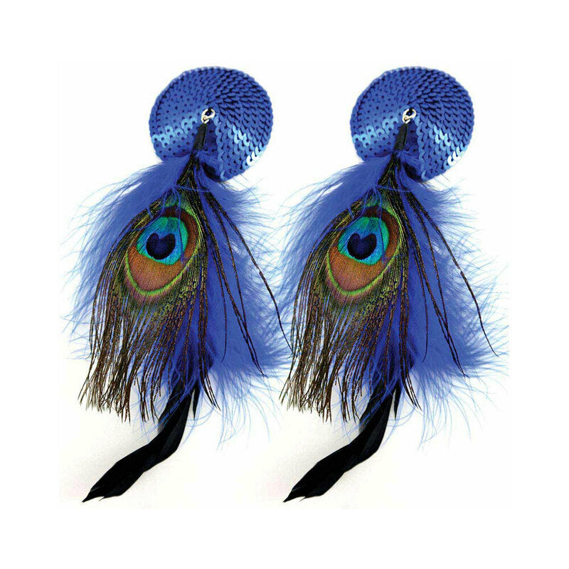 BIJOUX DE NIP BLUE SEQUIN ROUND PASTIES WITH FEATHERS