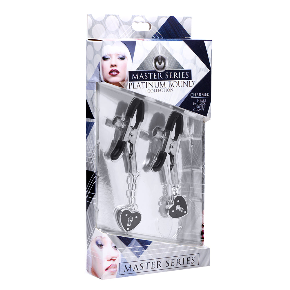 MASTER SERIES CHARMED HEART PADLOCK NIPPLE CLAMPS BLACK